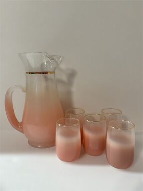 VTG Blendo Pink Ombre Glass Pitcher and Tumbler Set with Gold Rim